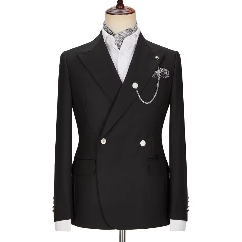 Traditional Black Peak Lapel Double Breasted Prom Suit