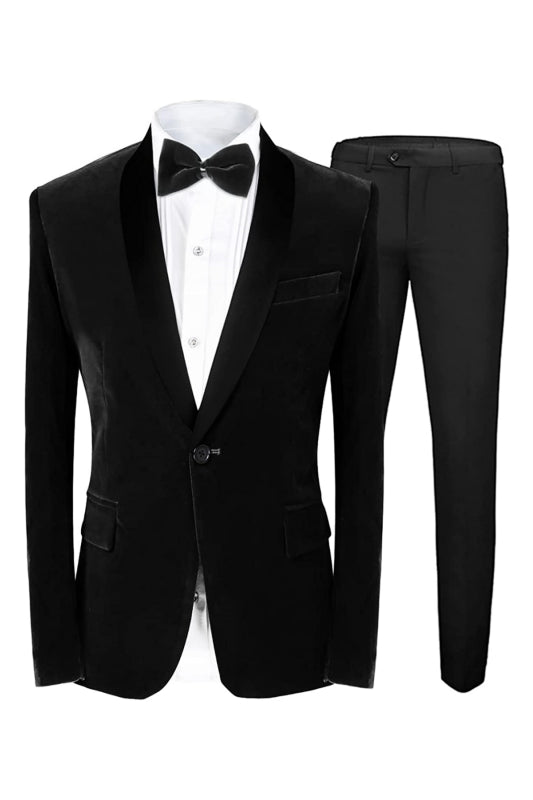 Traditional Black Shawl Collar Two-Piece Velvet Groom's Suit