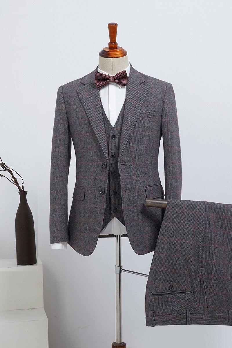 Traditional Gray Plaid Notched Lapel Two Button Custom Business Suit