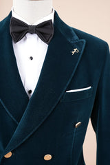 Traditional Marine Blue Peaked Lapel Double Breasted Velvet Prom Suit