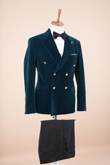 Traditional Marine Blue Peaked Lapel Double Breasted Velvet Prom Suit