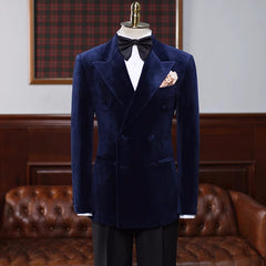 Traditional Navy Blue Peaked Lapel Double Breasted Velvet Prom Attire