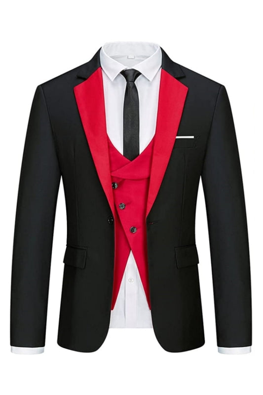 Trendy Black And Crimson Notched Lapel Men's Prom Suit