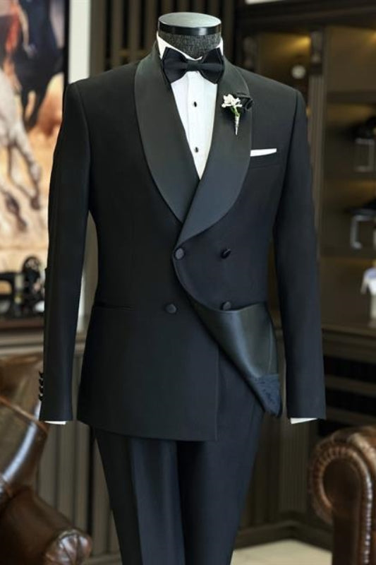 Trendy Black Shawl Collar Double Breasted Groom's Wedding Attire