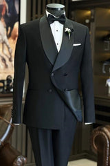 Trendy Black Shawl Collar Double Breasted Groom's Wedding Attire