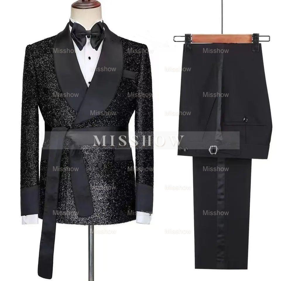 Trendy Black Shawl Collar Two-Piece Sequined Wedding Outfit