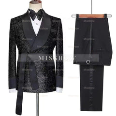 Trendy Black Shawl Collar Two-Piece Sequined Wedding Outfit