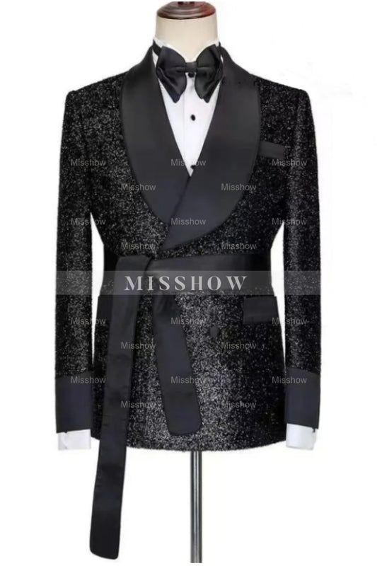 Trendy Black Shawl Collar Two-Piece Sequined Wedding Outfit