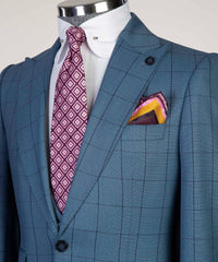 Trendy Blue Plaid Slim Fit Peak Lapel Three-Piece Men’s Suits