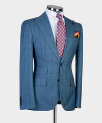 Trendy Blue Plaid Slim Fit Peak Lapel Three-Piece Men’s Suits