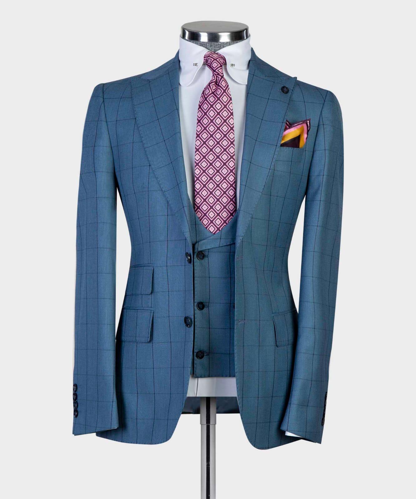 Trendy Blue Plaid Slim Fit Peak Lapel Three-Piece Men’s Suits
