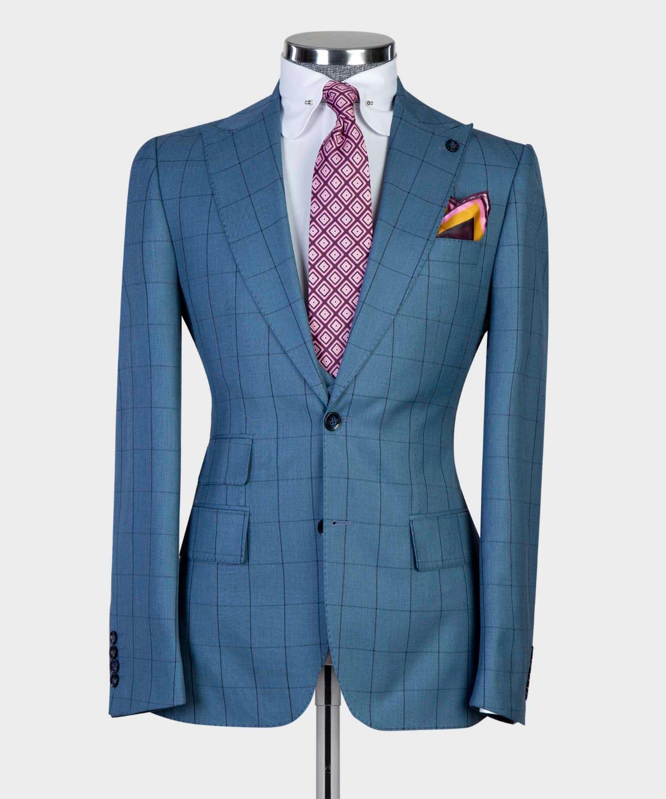 Trendy Blue Plaid Slim Fit Peak Lapel Three-Piece Men’s Suits