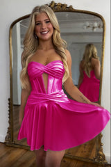 Trendy Burgundy Sweetheart A-Line Short Satin Corset Homecoming Dress