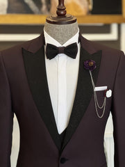 Trendy Burgundy Three-Piece Men’s Suit with Sparkling Peaked Lapel