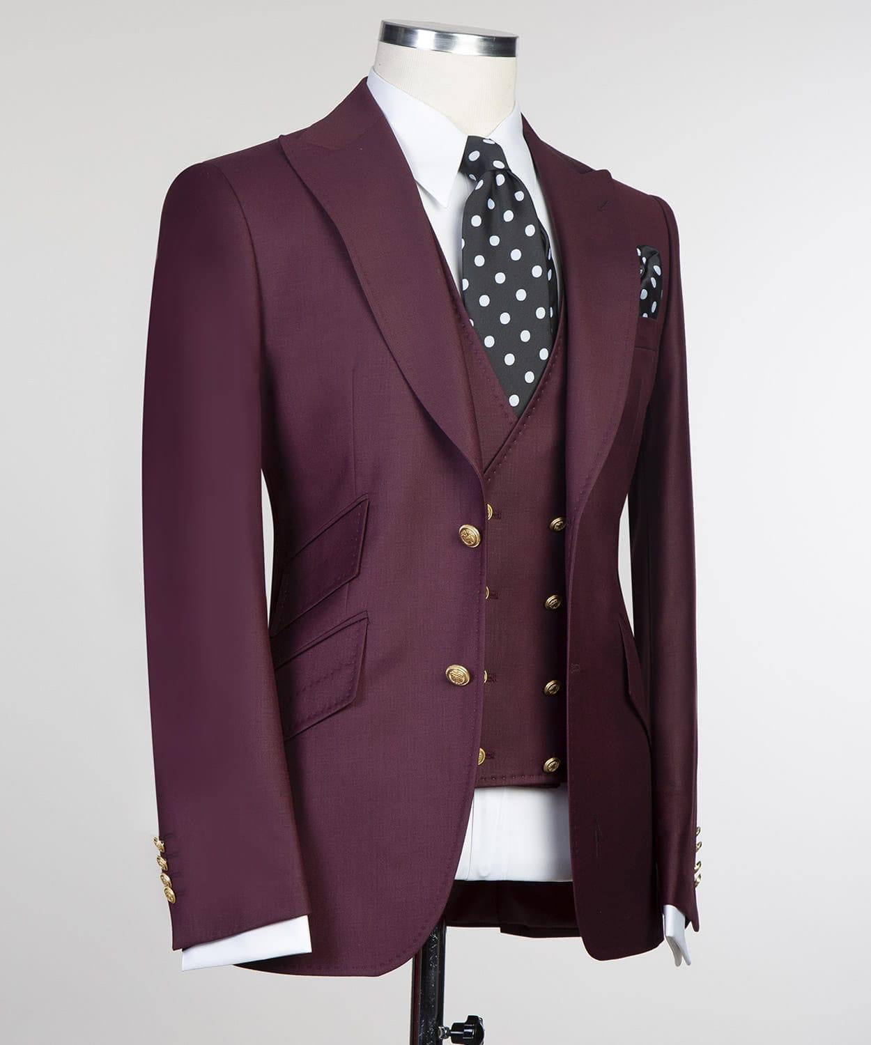 Trendy Burgundy Three-Piece Peak Lapel Men’s Suits