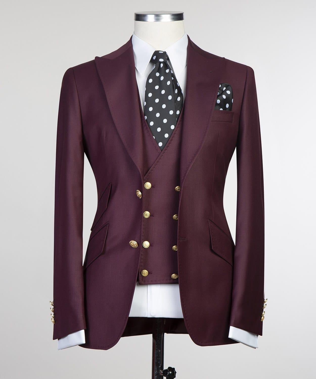 Trendy Burgundy Three-Piece Peak Lapel Men’s Suits