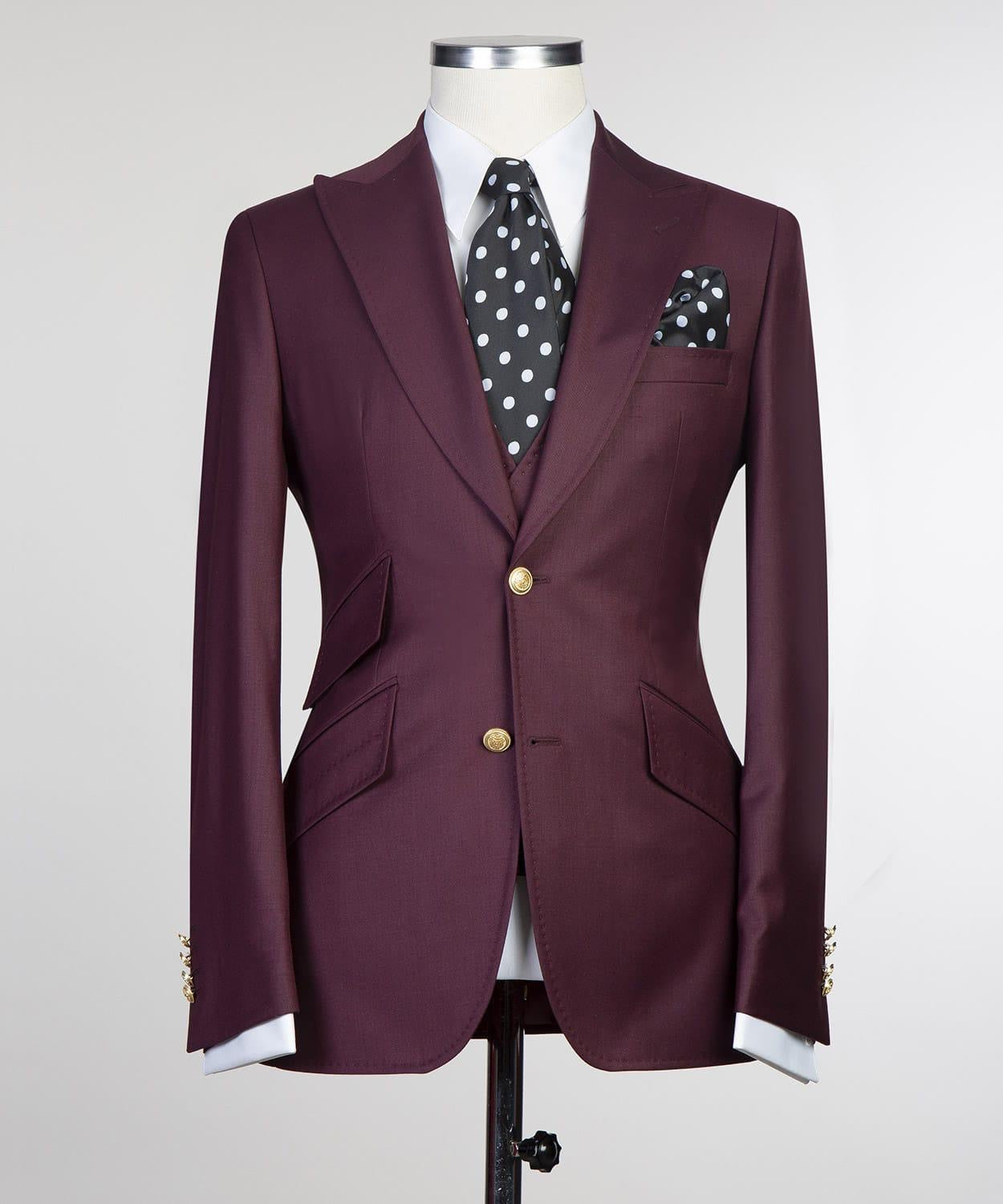 Trendy Burgundy Three-Piece Peak Lapel Men’s Suits