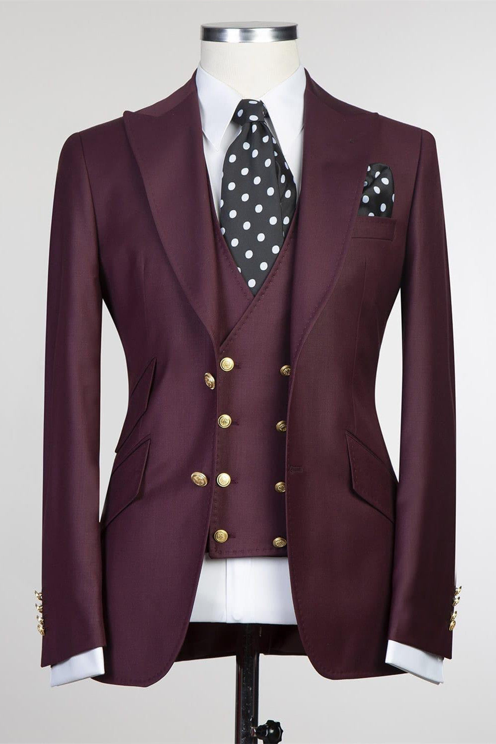 Trendy Burgundy Three-Piece Peak Lapel Men’s Suits