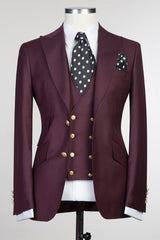 Trendy Burgundy Three-Piece Peak Lapel Men’s Suits