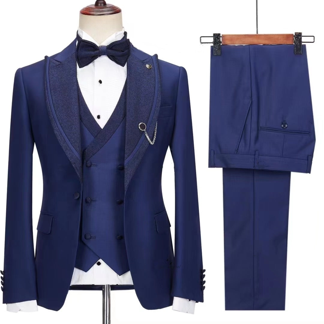 Trendy Dark Blue Peak Lapel Three-Piece Prom Suit