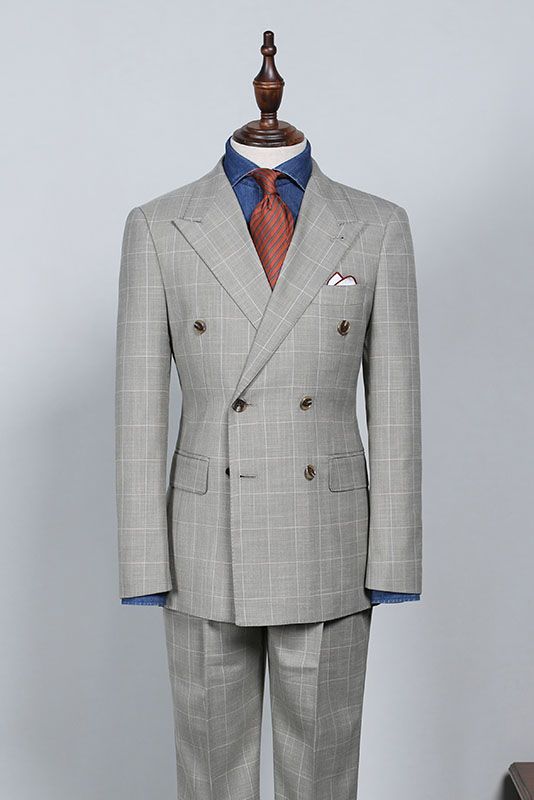 Trendy Gray Plaid Double Breasted Custom Business Suit