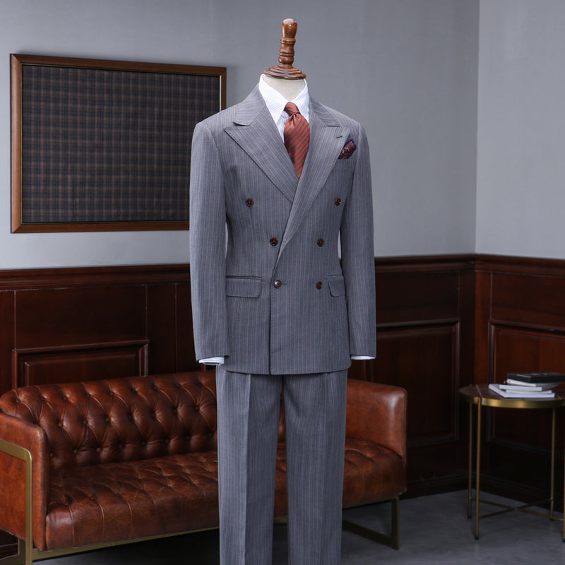 Trendy Gray Striped Peak Lapel Double Breasted Custom Business Suit