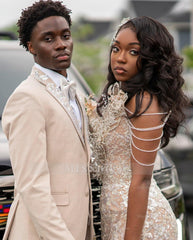 Trendy Long Champagne Sweetheart Sleeveless Mermaid Prom Dress with Rhinestones and Tassels