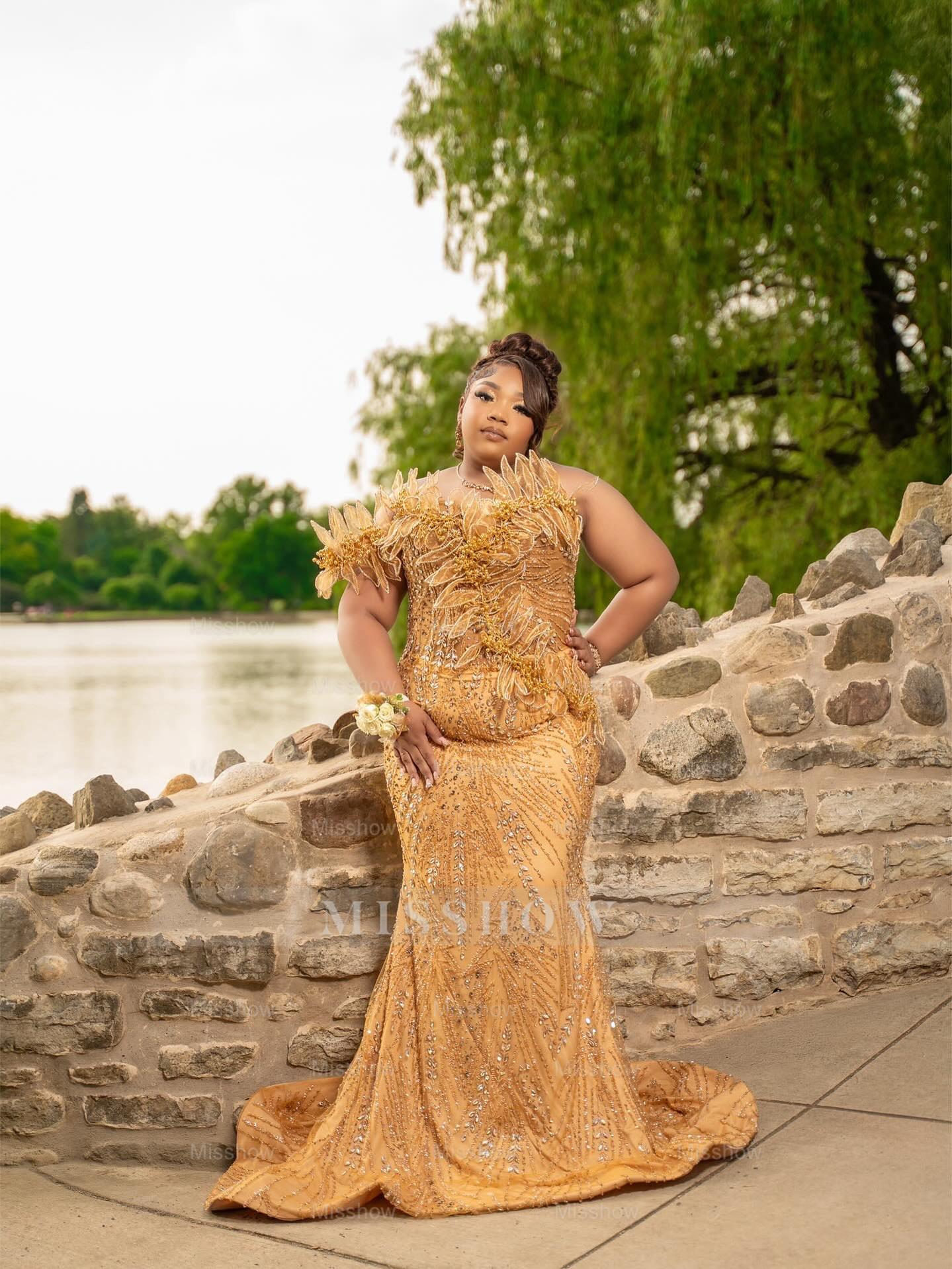 Trendy Long Gold One Shoulder Sleeveless Mermaid Beaded Prom Dress with Rhinestones