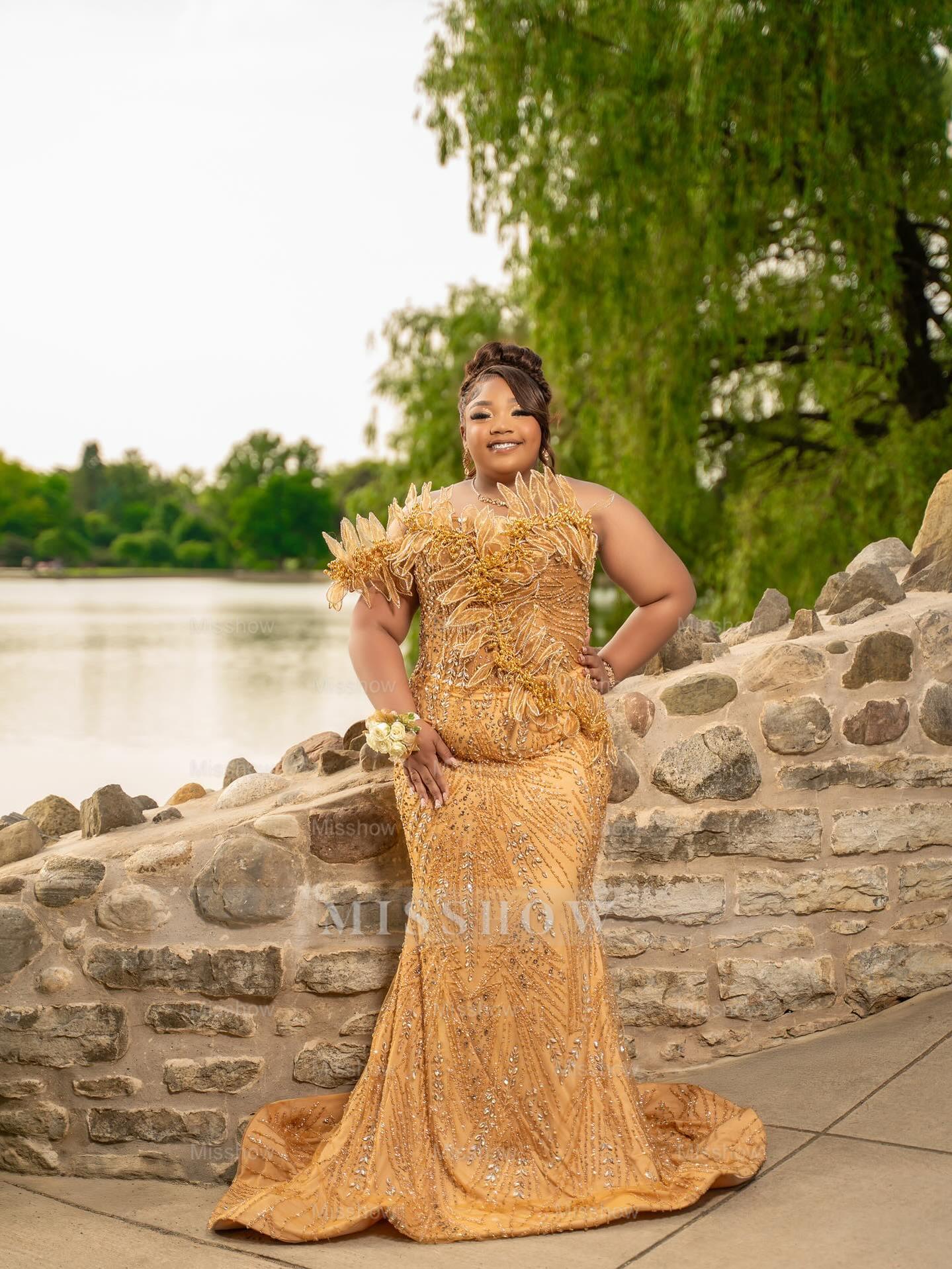 Trendy Long Gold One Shoulder Sleeveless Mermaid Beaded Prom Dress with Rhinestones