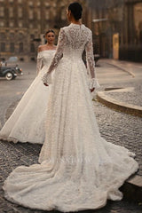 Trendy Long Ivory V-Neck Long Sleeves A-Line Wedding Dress with Beads
