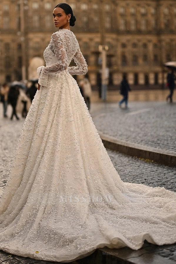 Trendy Long Ivory V-Neck Long Sleeves A-Line Wedding Dress with Beads