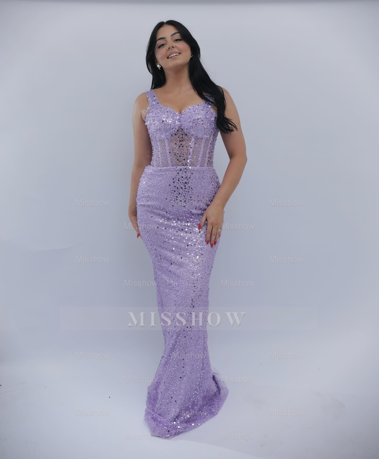 Trendy Long Lilac Sweetheart Sleeveless Mermaid Evening Dress with Sequins and Sweep Train