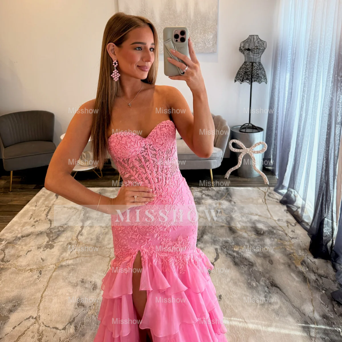 Trendy Long Mermaid Candy Pink Sweetheart Sleeveless Prom Dress with Slit