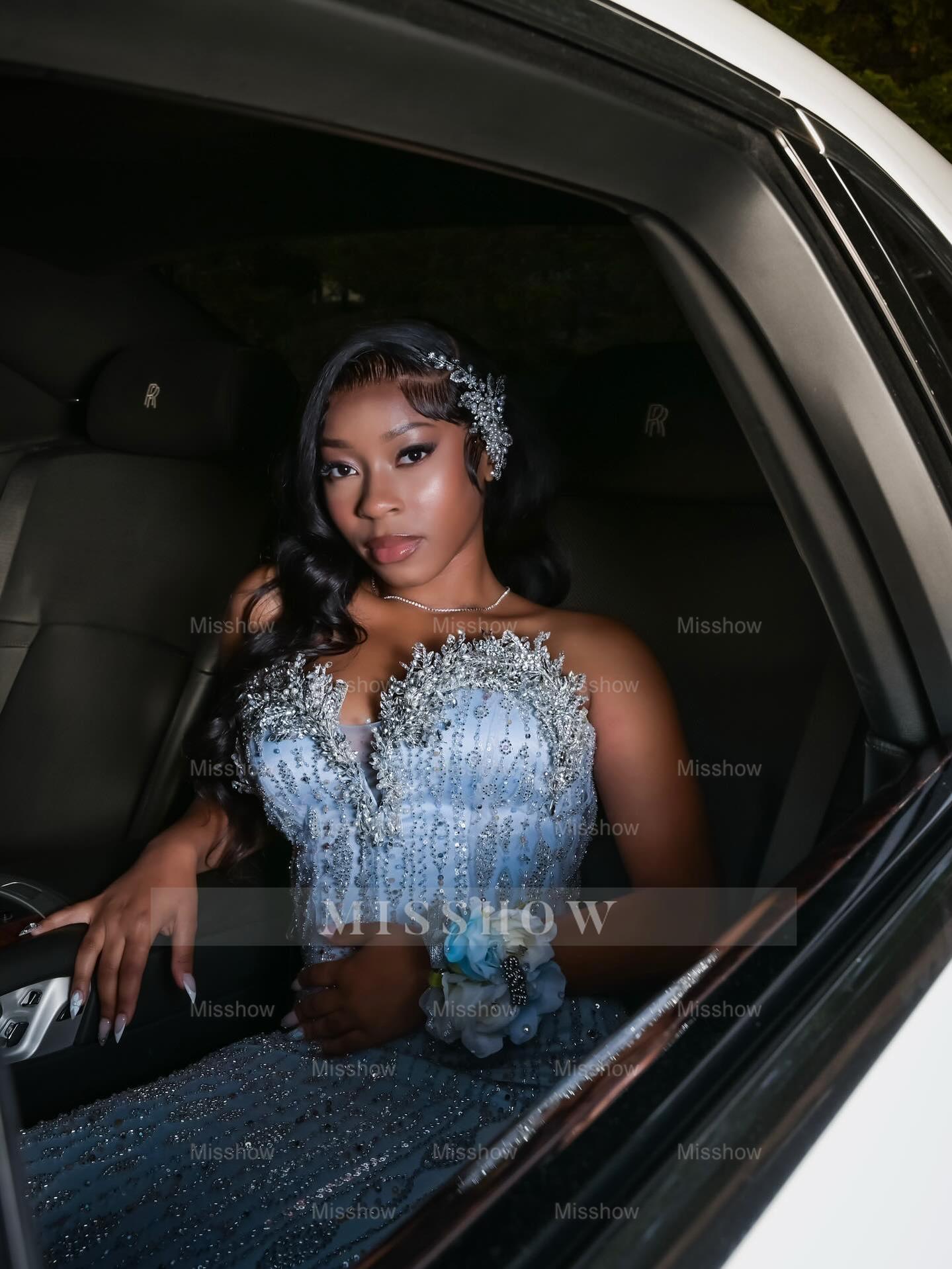 Trendy Long Sky Blue Sweetheart Sleeveless Mermaid Sequined Prom Dress with Rhinestones and Beadings