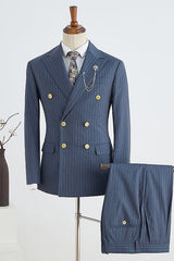 Trendy Navy Blue Double Breasted Peak Lapel Business Suit