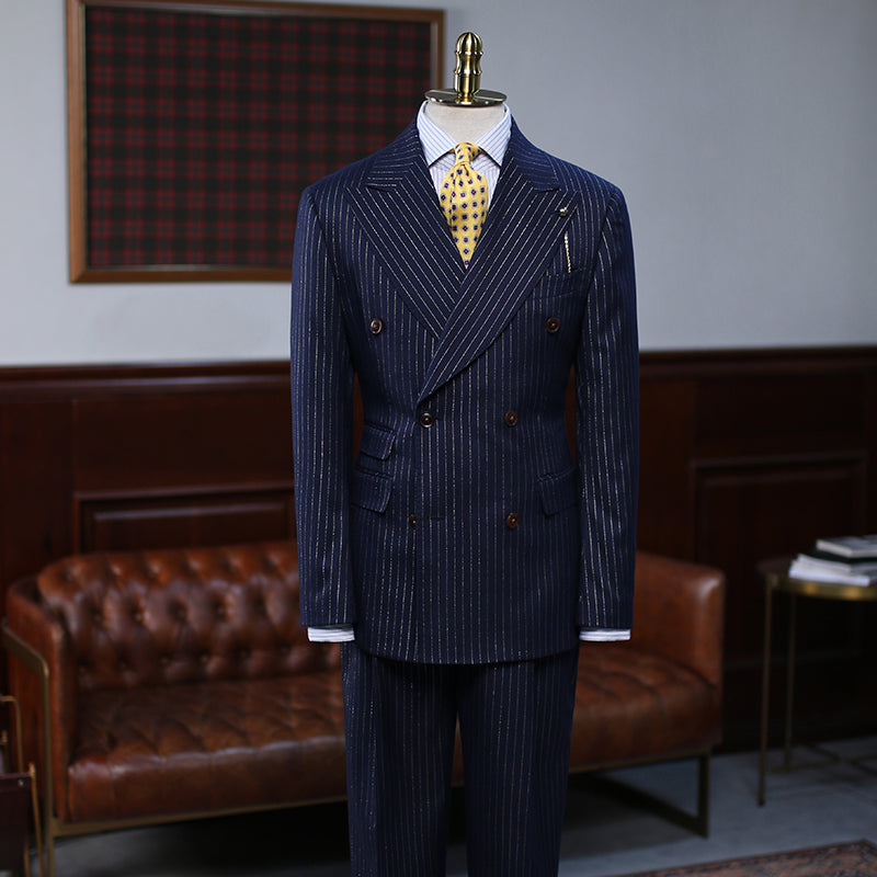 Trendy Navy Blue Striped Double Breasted Formal Men’s Suit