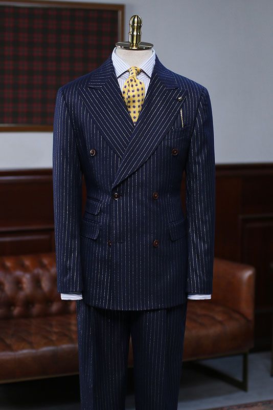Trendy Navy Blue Striped Double Breasted Formal Men’s Suit