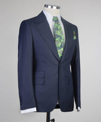 Trendy Navy One-Button Three-Piece Peak Lapel Men’s Suit