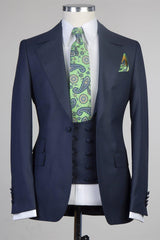 Trendy Navy One-Button Three-Piece Peak Lapel Men’s Suit