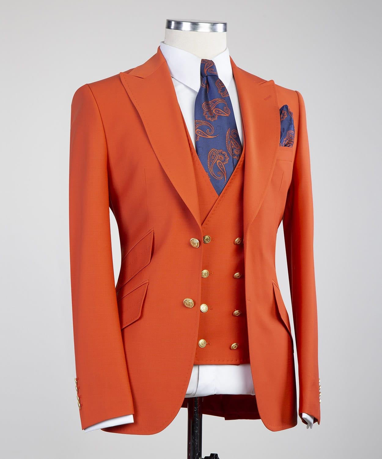 Trendy Orange Peak Lapel Three-Piece Men’s Suits