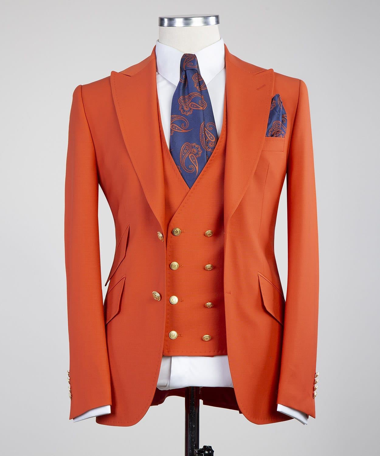 Trendy Orange Peak Lapel Three-Piece Men’s Suits