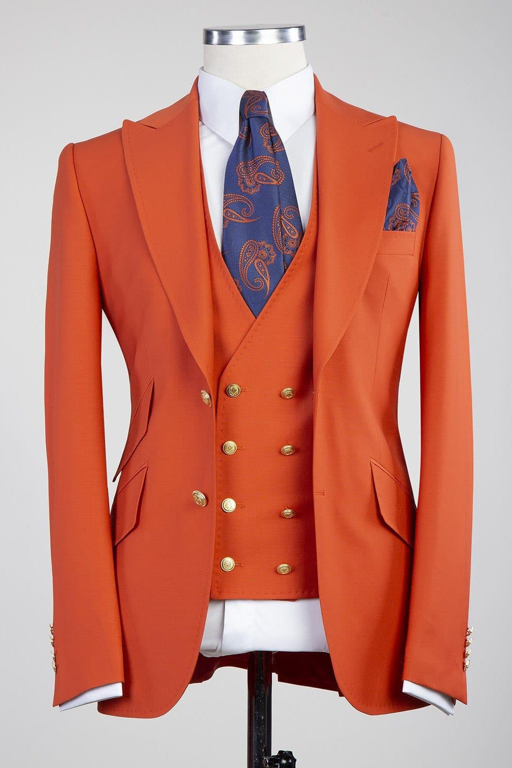 Trendy Orange Peak Lapel Three-Piece Men’s Suits