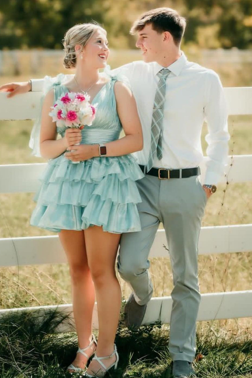 Trendy Pink A-Line Tiered Homecoming Dress with Bow