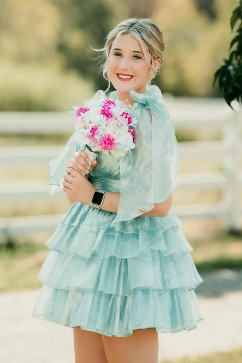 Trendy Pink A-Line Tiered Homecoming Dress with Bow