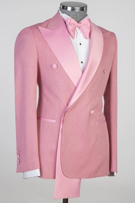 Trendy Pink Peaked Lapel Double Breasted Prom Outfit