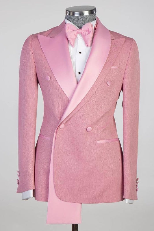 Trendy Pink Peaked Lapel Double Breasted Prom Outfit