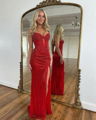 Trendy Red Spaghetti Straps Sweetheart Sleeveless Column Prom Dress with Front Split