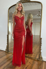 Trendy Red Spaghetti Straps Sweetheart Sleeveless Column Prom Dress with Front Split