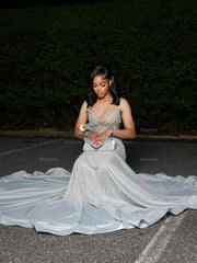 Trendy Silver Sweetheart Sleeveless Mermaid Prom Dress with Rhinestones and Beads