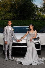 Trendy Silver Sweetheart Sleeveless Mermaid Prom Dress with Rhinestones and Beads